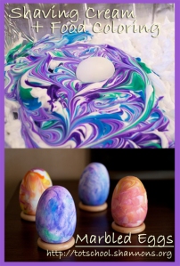 Sometimes it is more fun though to get a little messy. If you use shaving cream and food coloring it will color the egg in the coolest tie dye pattern. You just wipe off the excess shaving cream.  Photo courtesy of Tot School.